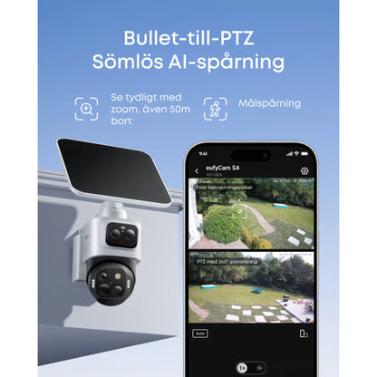 Eufy eufyCam S4-overvågningssystem, 2-pak med solcellepanel monteret udendørs, livevideo vises på smartphone, svensk tekst om AI-funktioner.