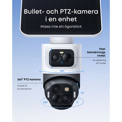 EUFY eufyCam S4-overvågningssystem med solcellepanel, 2-pak, etiketter på svensk angivende synsvinkel, 4K/2K-opløsning og hybridzoom.