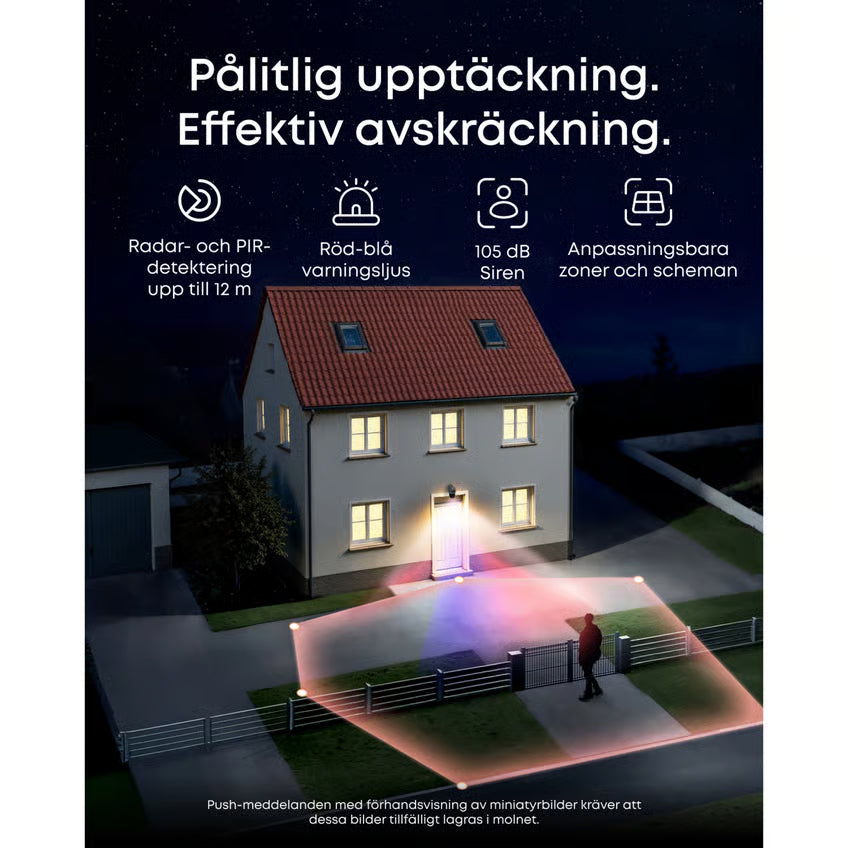 Eufy eufyCam S4-overvågningssystem med solcellepanel (2-pak) til udendørs brug foran huset; farvezoner viser detekteringsområderne.