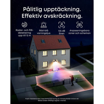 Eufy eufyCam S4-overvågningssystem med solcellepanel (2-pak) til udendørs brug foran huset; farvezoner viser detekteringsområderne.