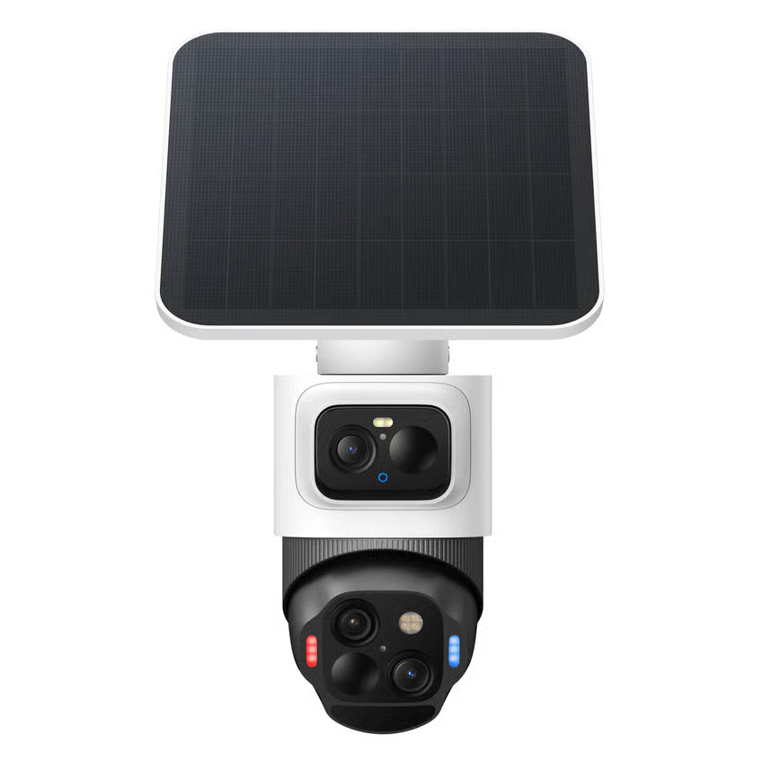 Eufy eufyCam S4 4K overvågningskamera, 2-pak med stort rektangulært solcellepanel samt flere linser og sensorer.