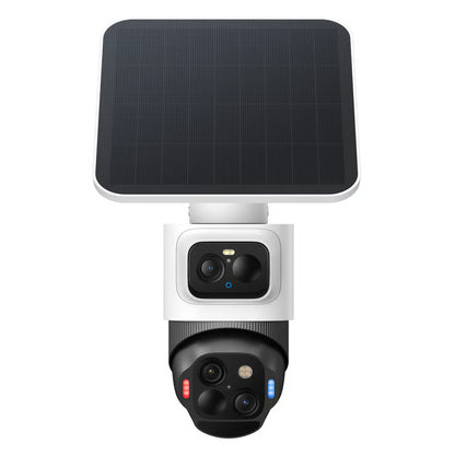 Eufy eufyCam S4 4K overvågningskamera, 2-pak med stort rektangulært solcellepanel samt flere linser og sensorer.
