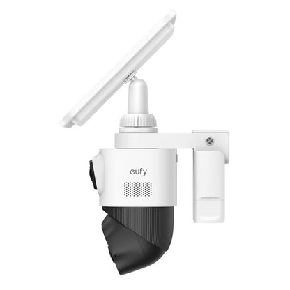 Sidebillede af eufyCam S4-overvågningssystem med solcellepanel, 2-pak, AI-detektering, monteret på vægbeslag.