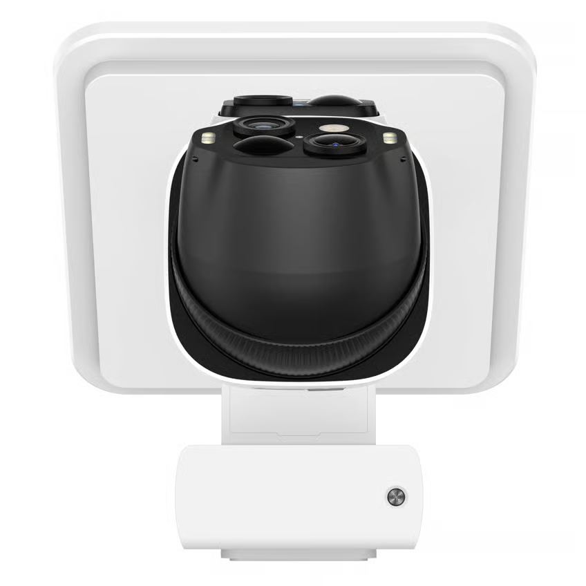 EufyCam S4-overvågningssystem med solcellepanel, 2-pak, 4K-kamera med sort linse på hvid base, frontvisning.