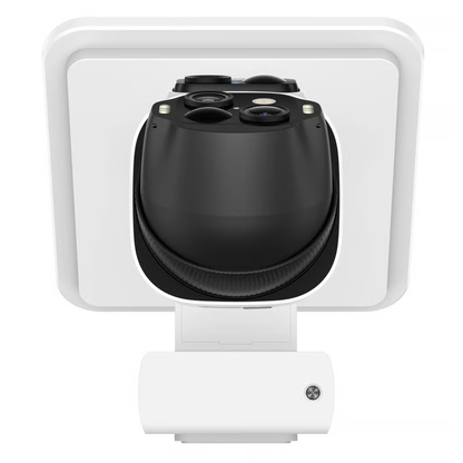 EufyCam S4-overvågningssystem med solcellepanel, 2-pak, 4K-kamera med sort linse på hvid base, frontvisning.