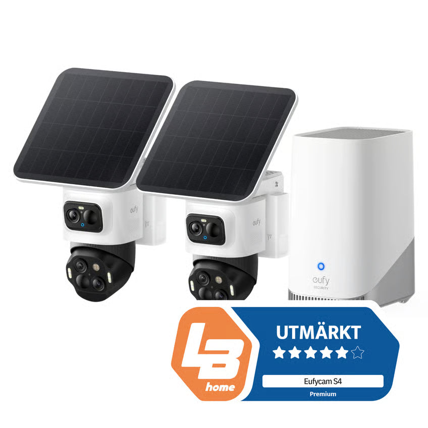 Eufy eufyCam S4 overvågningskamera, 2-pak, sort/hvid, solcellepanel, hvid basestation, 4K AI-detektering.