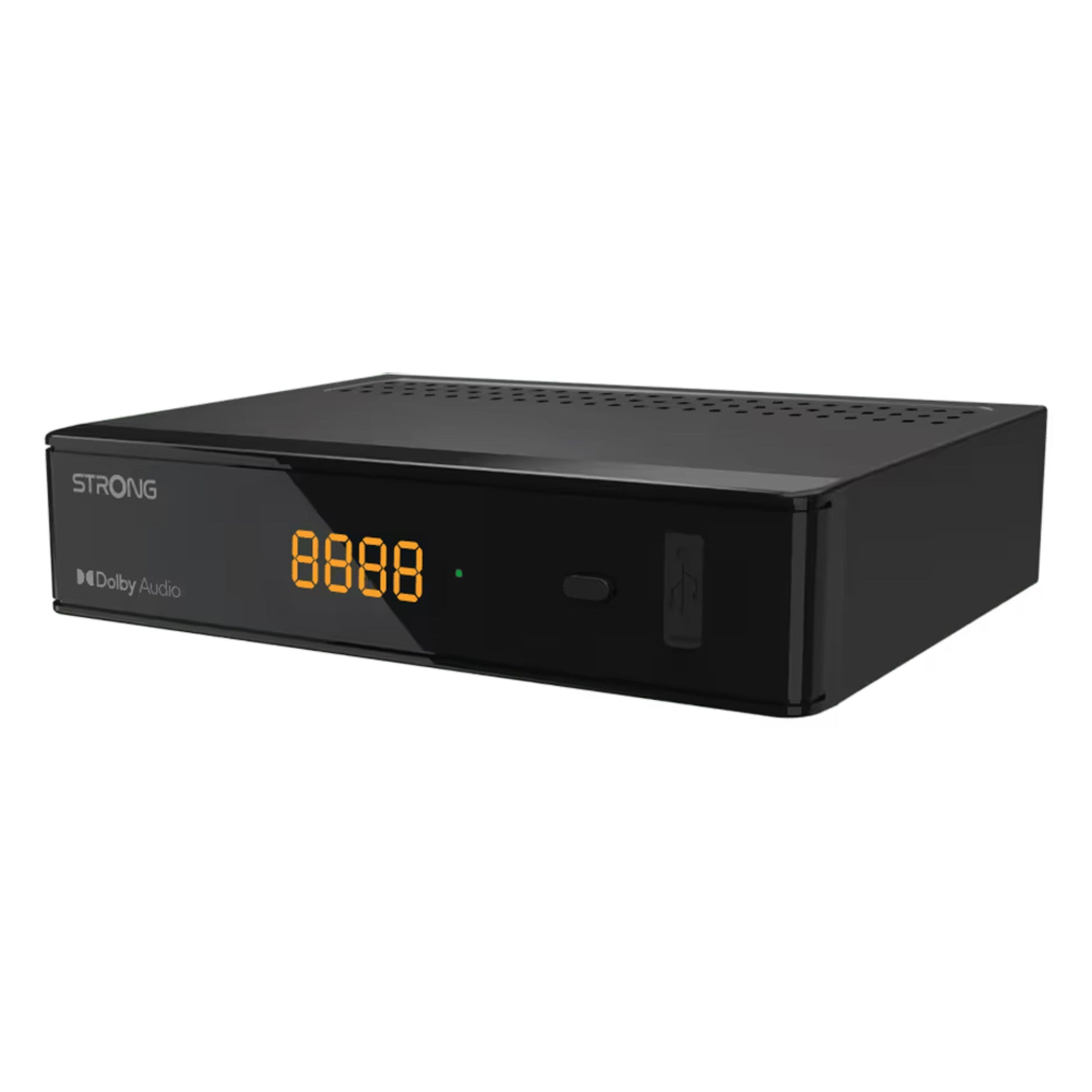 Strong SRT7030 HD satellitmodtager sort med digitalt display (8888) og USB-port på fronten til parabol-tv.