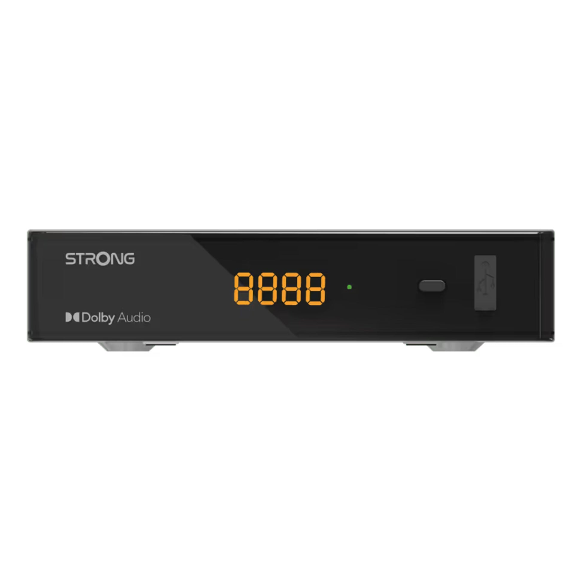 Strong SRT7030 HD satellitmodtager sort front, LED-display 8888, USB-port højre side, Dolby Audio-logo.