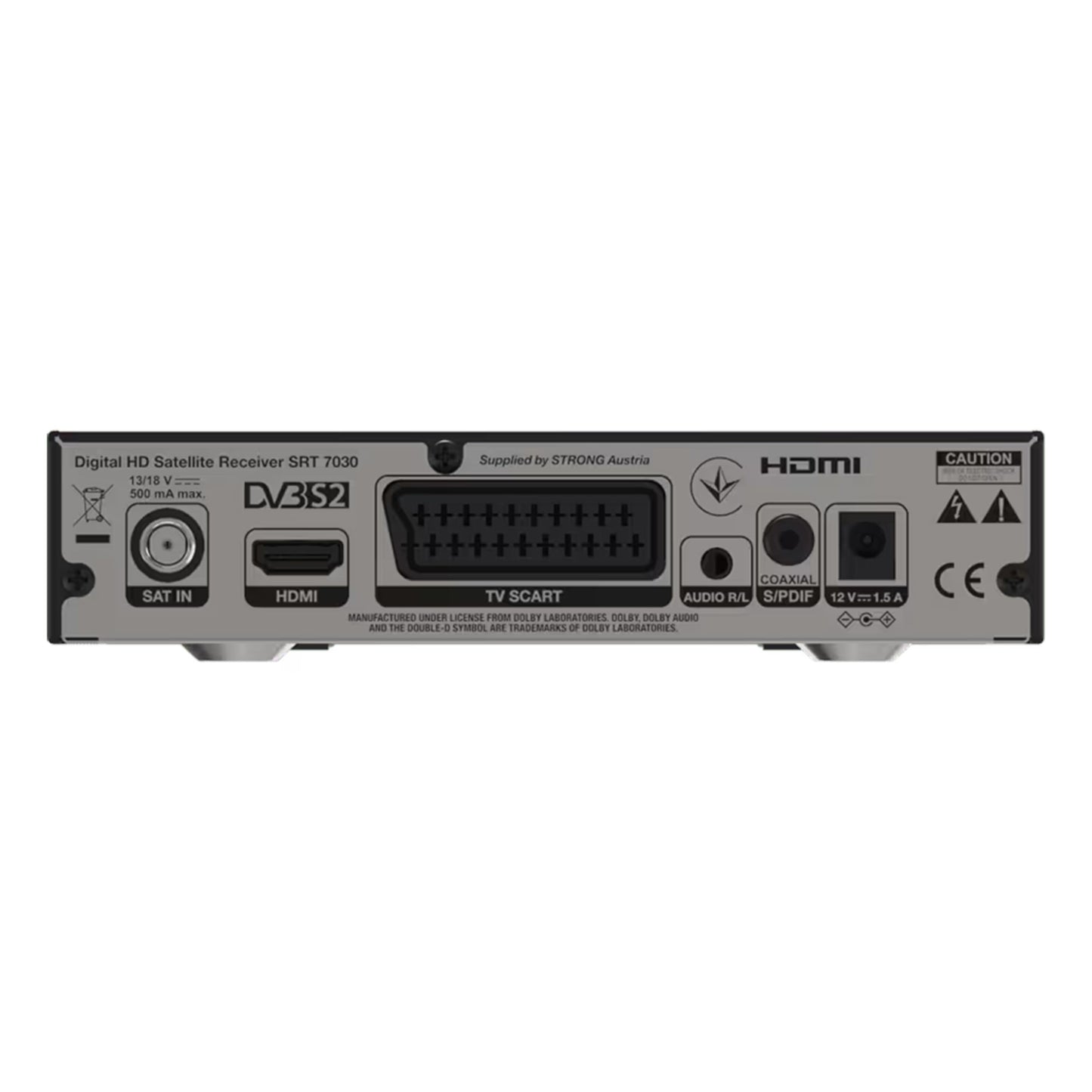 Strong SRT7030 HD satellitmodtager bagfra med synlige porte til SAT IN, HDMI, SCART, coaxial, optisk audio og strøm.