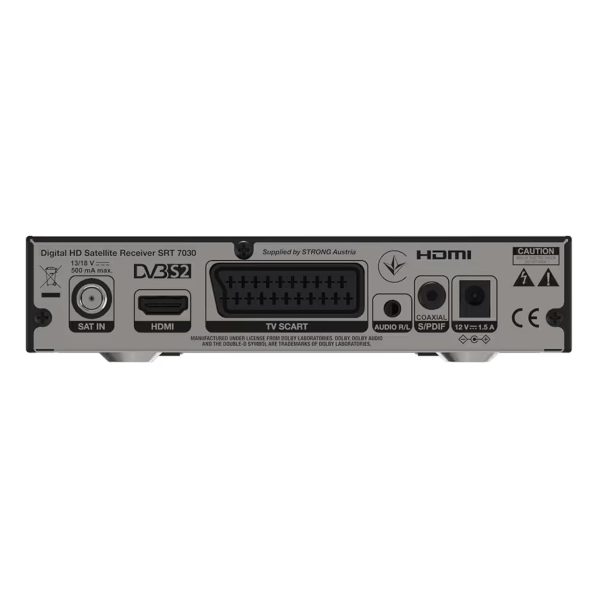 Strong SRT7030 HD satellitmodtager bagfra med synlige porte til SAT IN, HDMI, SCART, coaxial, optisk audio og strøm.