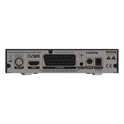 Strong SRT7030 HD satellitmodtager bagfra med synlige porte til SAT IN, HDMI, SCART, coaxial, optisk audio og strøm.