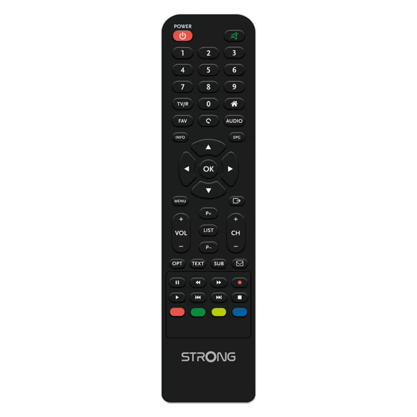 Sort Strong TV-fjernbetjening til SRT7030 HD med nummer-, pil- og farveknapper samt "STRONG"-logo nederst.