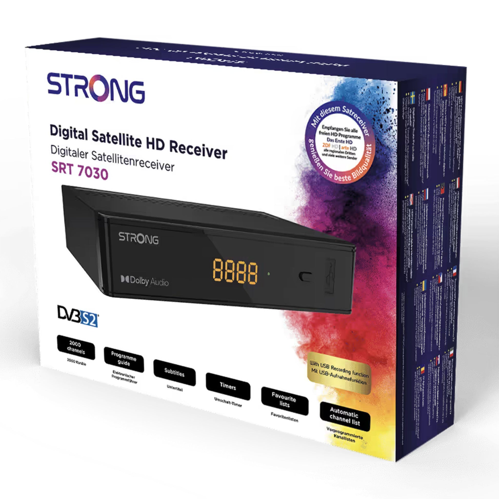 Strong SRT7030 HD satellitmodtager retail æske med specs og logo, egnet til parabolanlæg og satellit-tv-modtagelse.