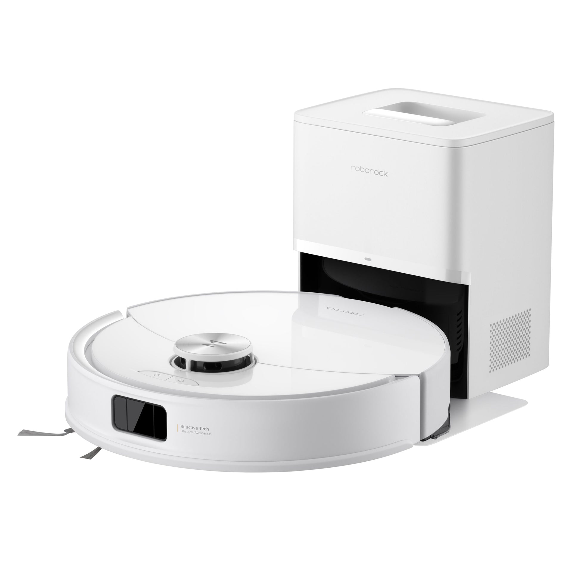 Roborock Q10 VF+ robotstøvsuger, hvid, med ladestation, LiDAR-sensor, forhindringsundgåelse og automatisk tømning af dock.