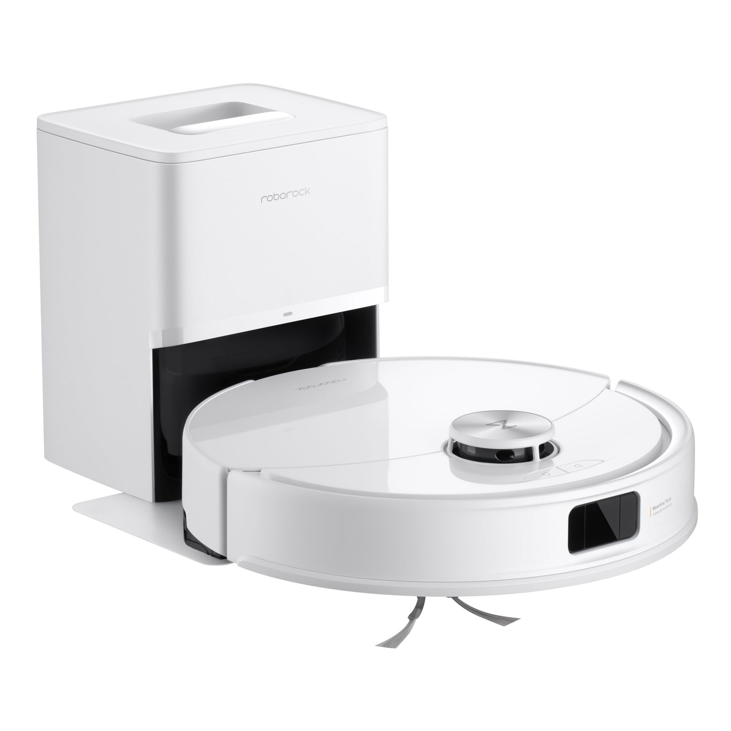 Roborock Q10 VF+ robotstøvsuger, cirkulær med hævet sensor, automatisk tømning, hvid dockingstation, få kontroller.