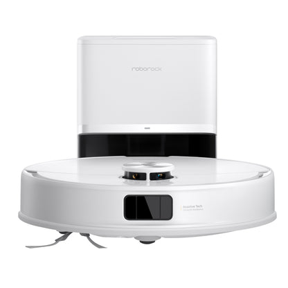 Roborock Q10 VF+ robotstøvsuger hvid ladestation, rundt design, sensorer på toppen, børster under, automatisk tømning.