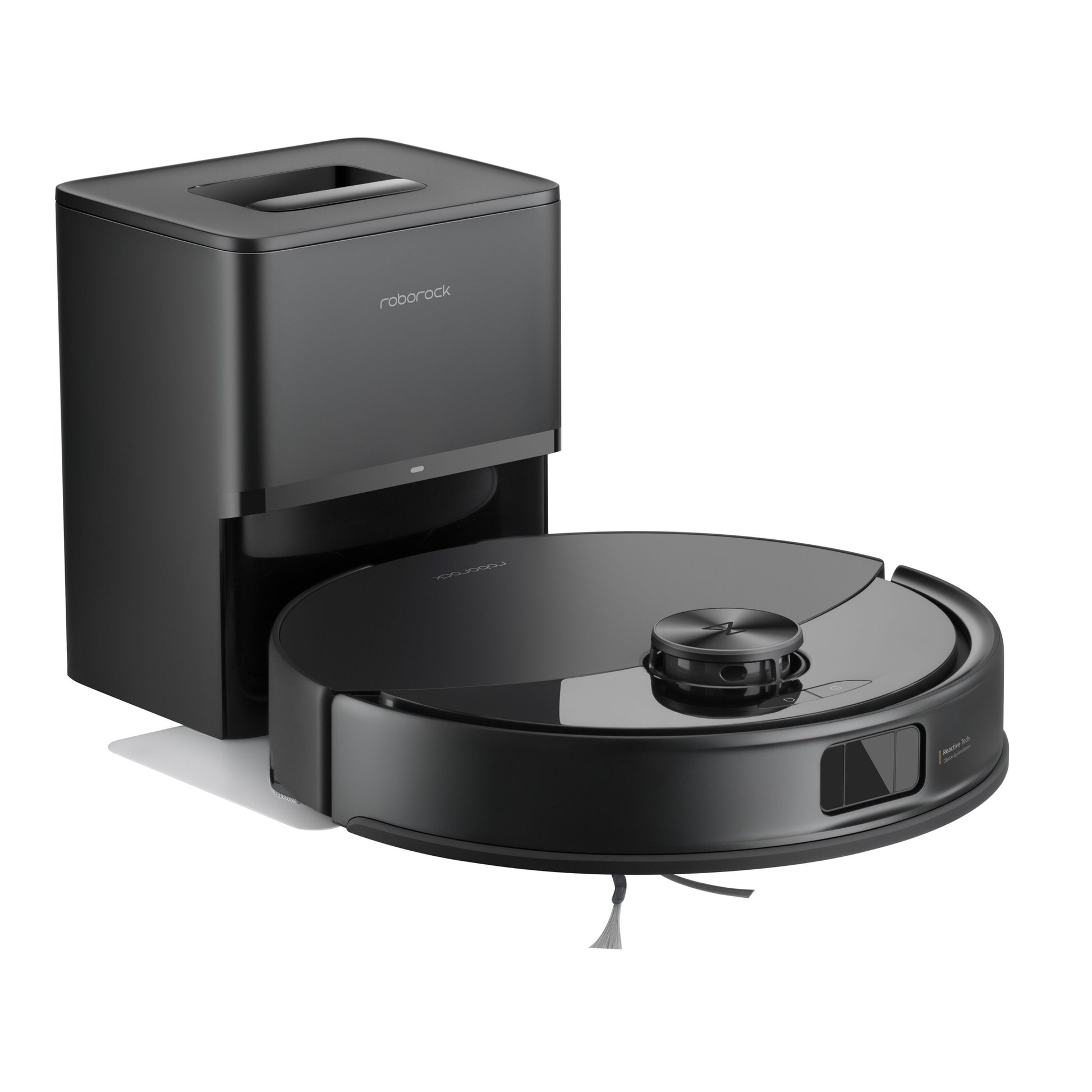 Roborock Q10 VF+ robotstøvsuger sort med ladestation, hævet topsensor og frontvendt sensorpanel, automatisk tømning.