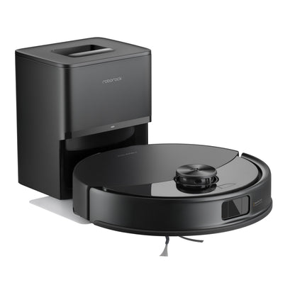Roborock Q10 VF+ robotstøvsuger sort med ladestation, hævet topsensor og frontvendt sensorpanel, automatisk tømning.