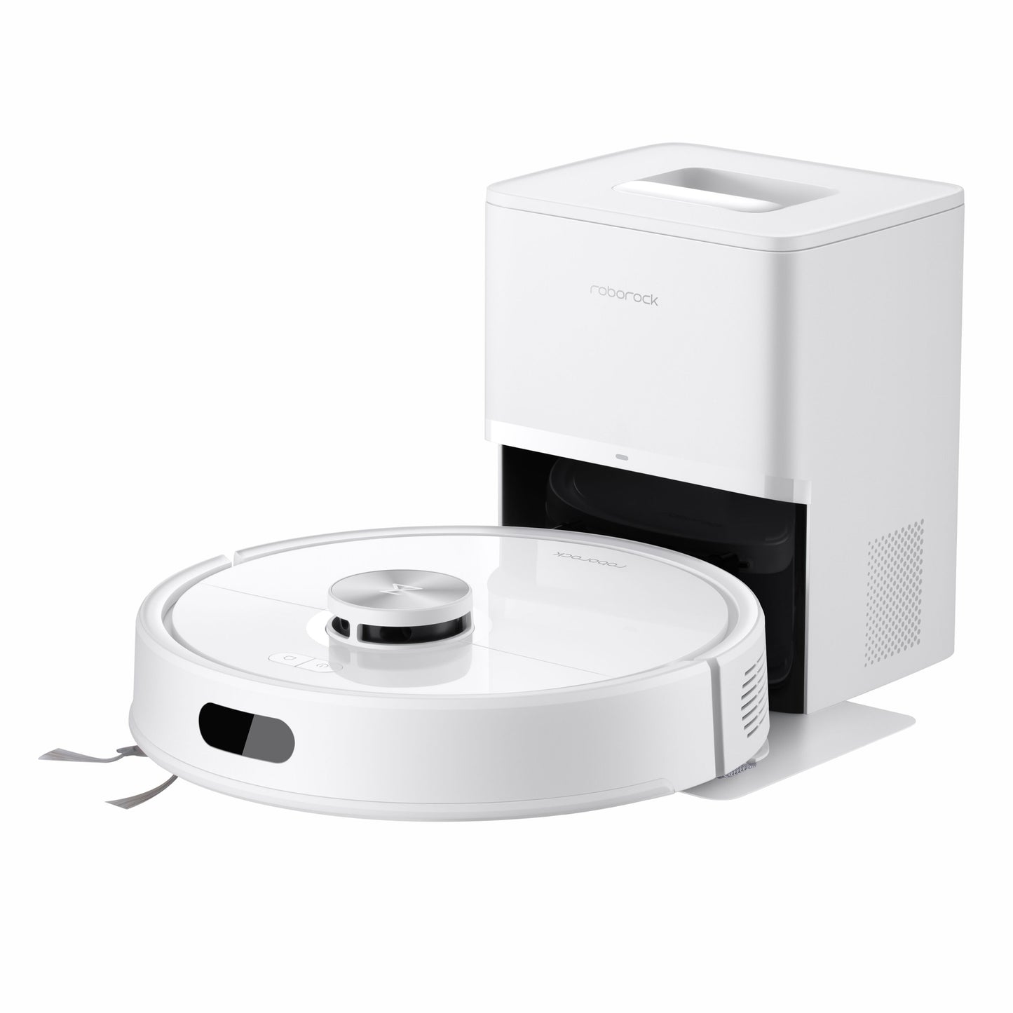 Roborock Q7 TF+ robotstøvsuger hvid, rundt design, hævet sensor, foran selvtømmende base og ladestation.