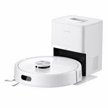 Roborock Q7 TF+ robotstøvsuger hvid, rundt design, hævet sensor, foran selvtømmende base og ladestation.
