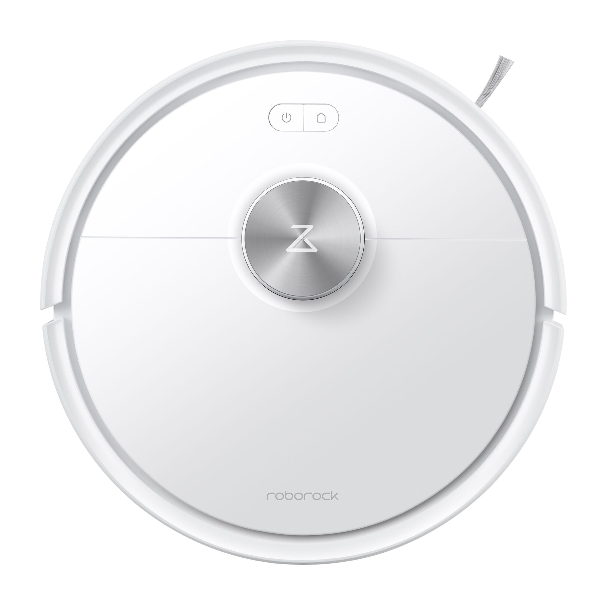 Roborock Q7 TF+ robotstøvsuger hvid top, sølv låg, Roborock-logo, to knapper, lille sidebørste, ladestation.