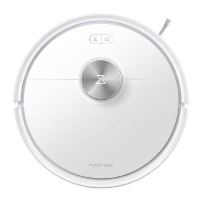 Roborock Q7 TF+ robotstøvsuger hvid top, sølv låg, Roborock-logo, to knapper, lille sidebørste, ladestation.