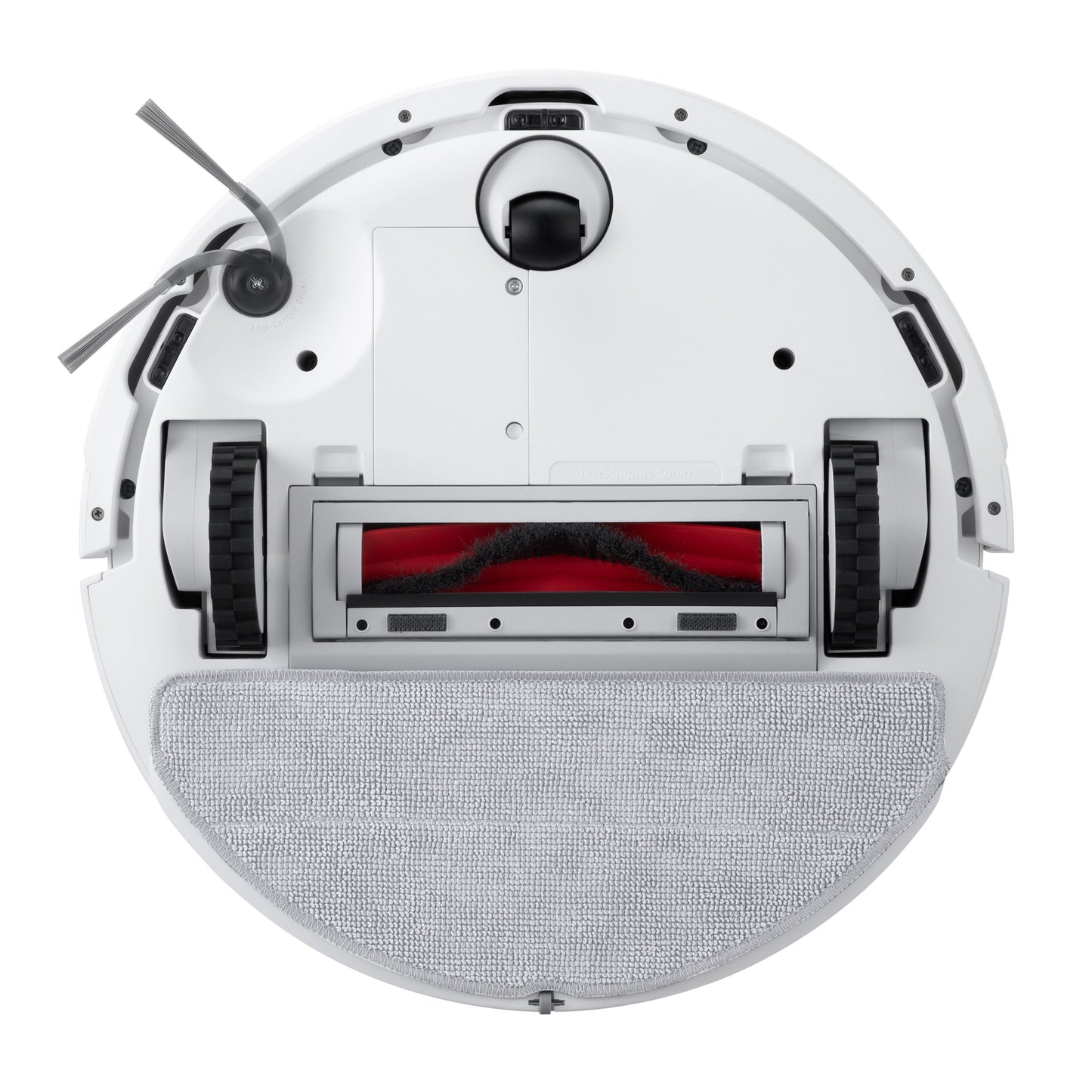 Roborock Q7 TF+ robotstøvsuger underside med ladestation i hvid, viser hjul, børster, sensorer og rektangulær moppe.