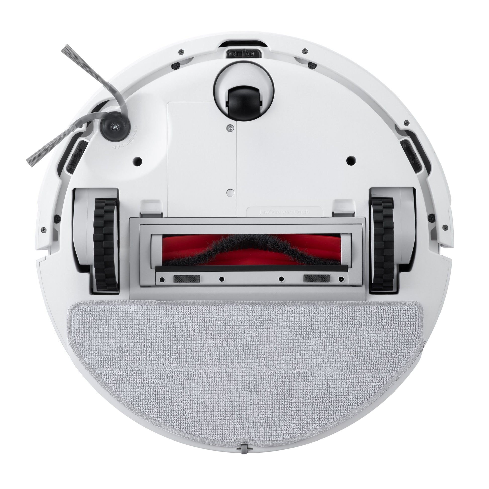 Roborock Q7 TF+ robotstøvsuger underside med ladestation i hvid, viser hjul, børster, sensorer og rektangulær moppe.