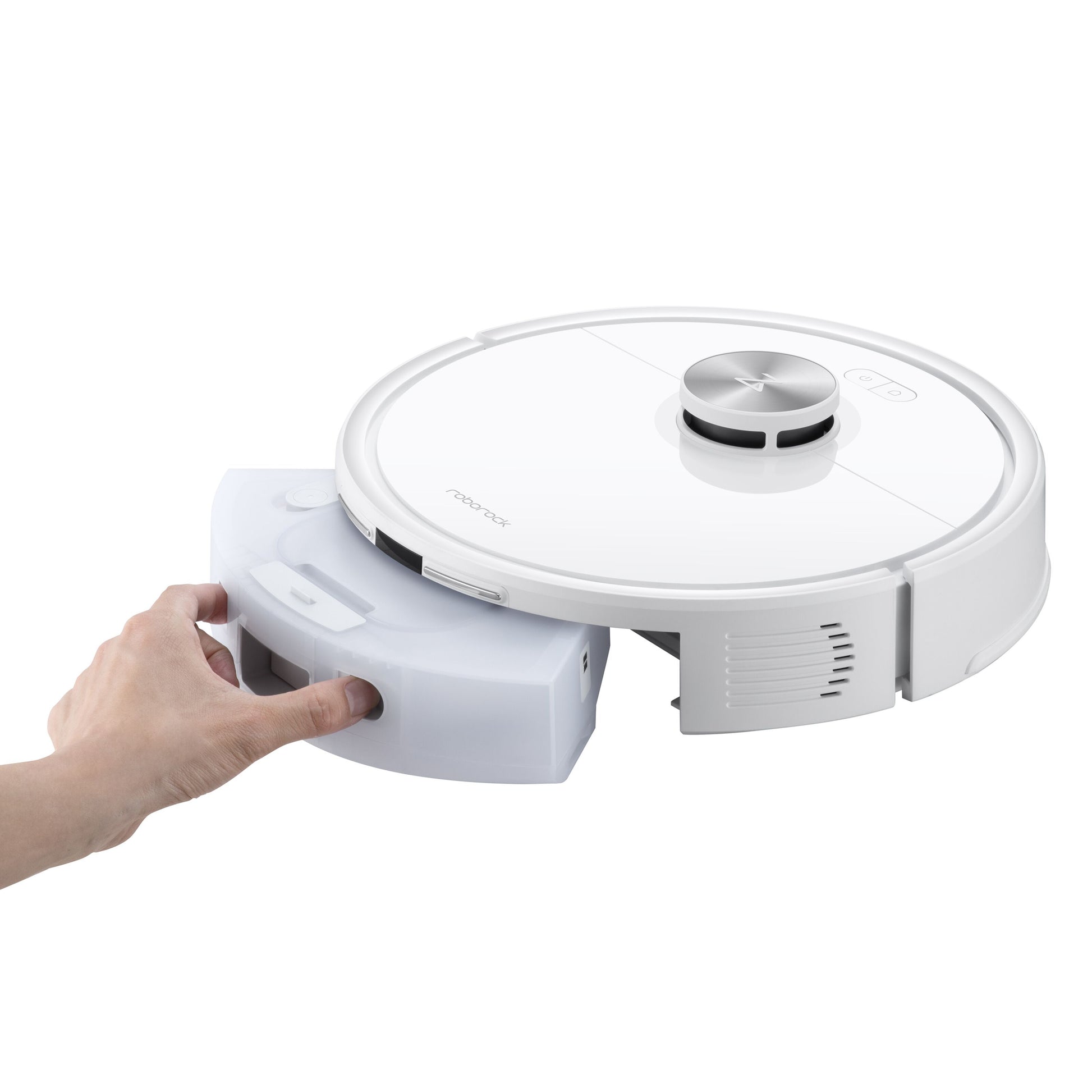 Roborock Q7 TF+ robotstøvsuger hvid med ladestation, hånd fjerner vandtank eller støvbeholder.