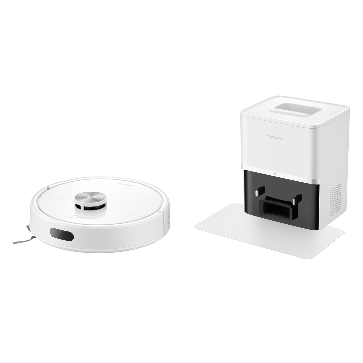 Roborock Q7 TF+ robotstøvsuger rund form, hævet sensor, hvid Roborock-ladestation rektangulær med frontkompartment.