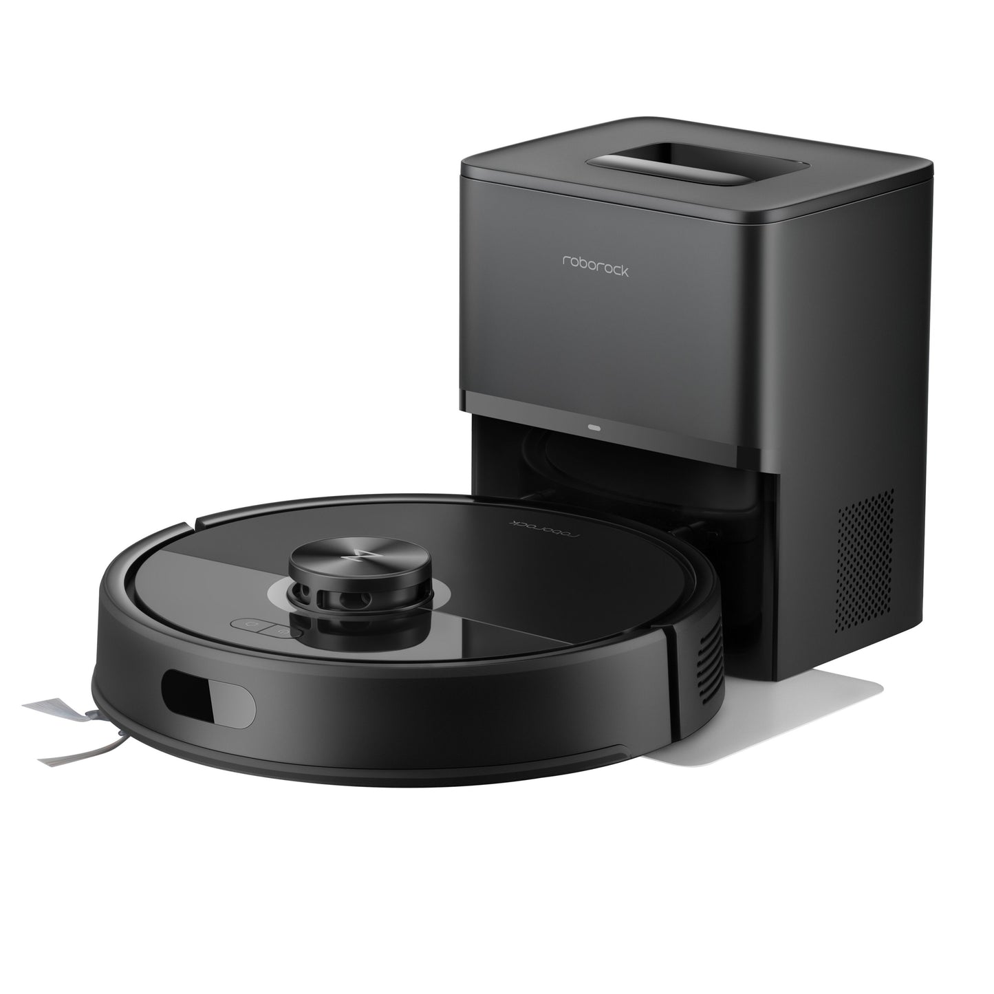 Roborock Q7 TF+ robotstøvsuger sort med ladestation, synlig åbning og Roborock-logo.
