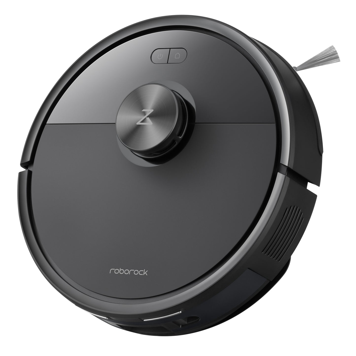 Roborock Q7 TF+ robotstøvsuger sort, rund med hævet sensor, sidebørste og selvtømmende ladestation.