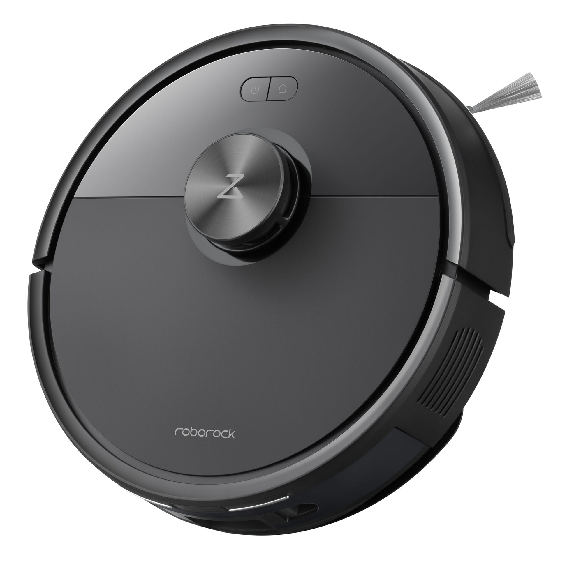 Roborock Q7 TF+ robotstøvsuger sort, rund med hævet sensor, sidebørste og selvtømmende ladestation.
