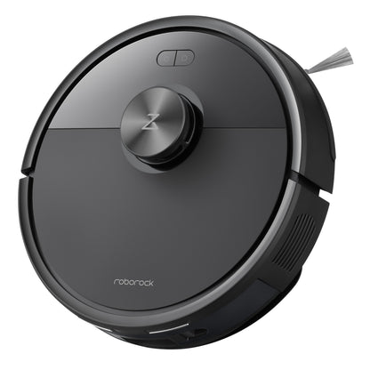 Roborock Q7 TF+ robotstøvsuger sort, rund med hævet sensor, sidebørste og selvtømmende ladestation.