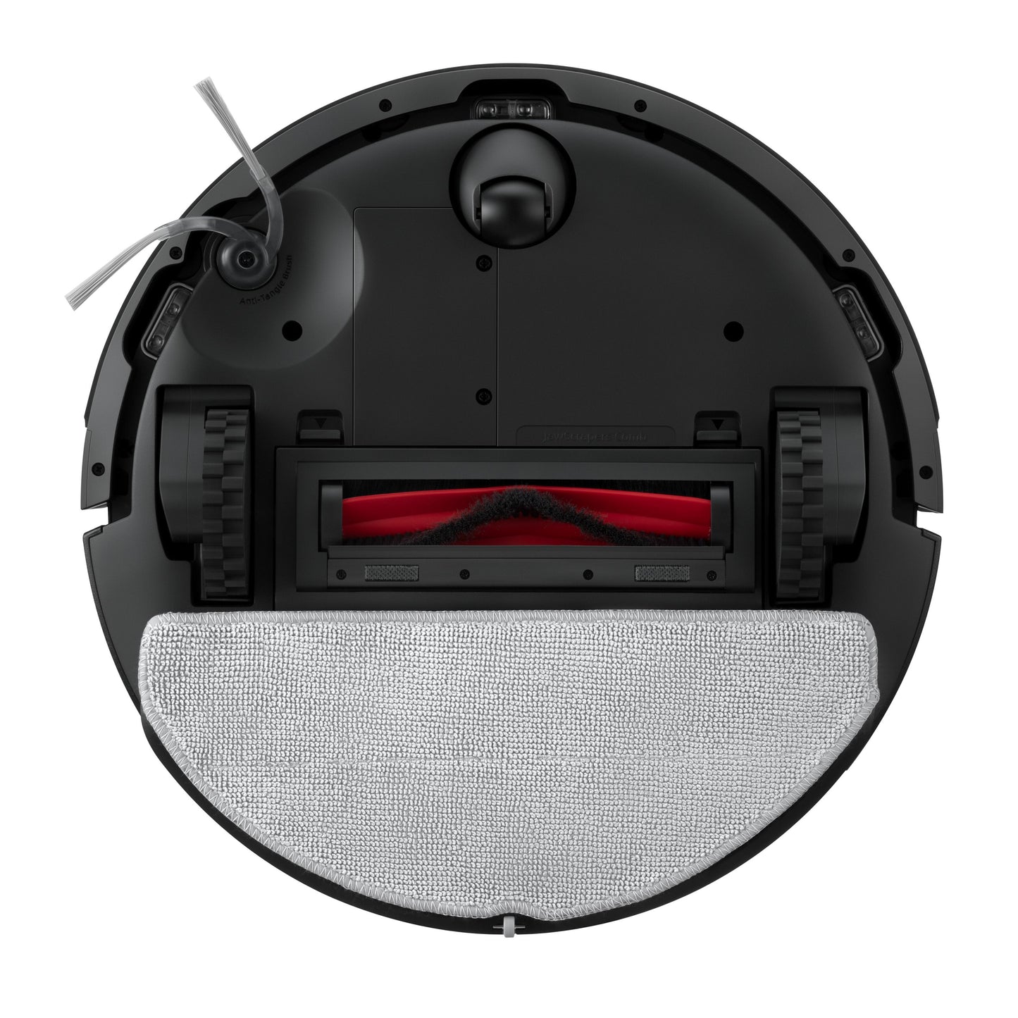 Roborock Q7 TF+ robotstøvsuger underside med to sidebørster, gummihjul, rød børste og aftagelig lys grå moppe.