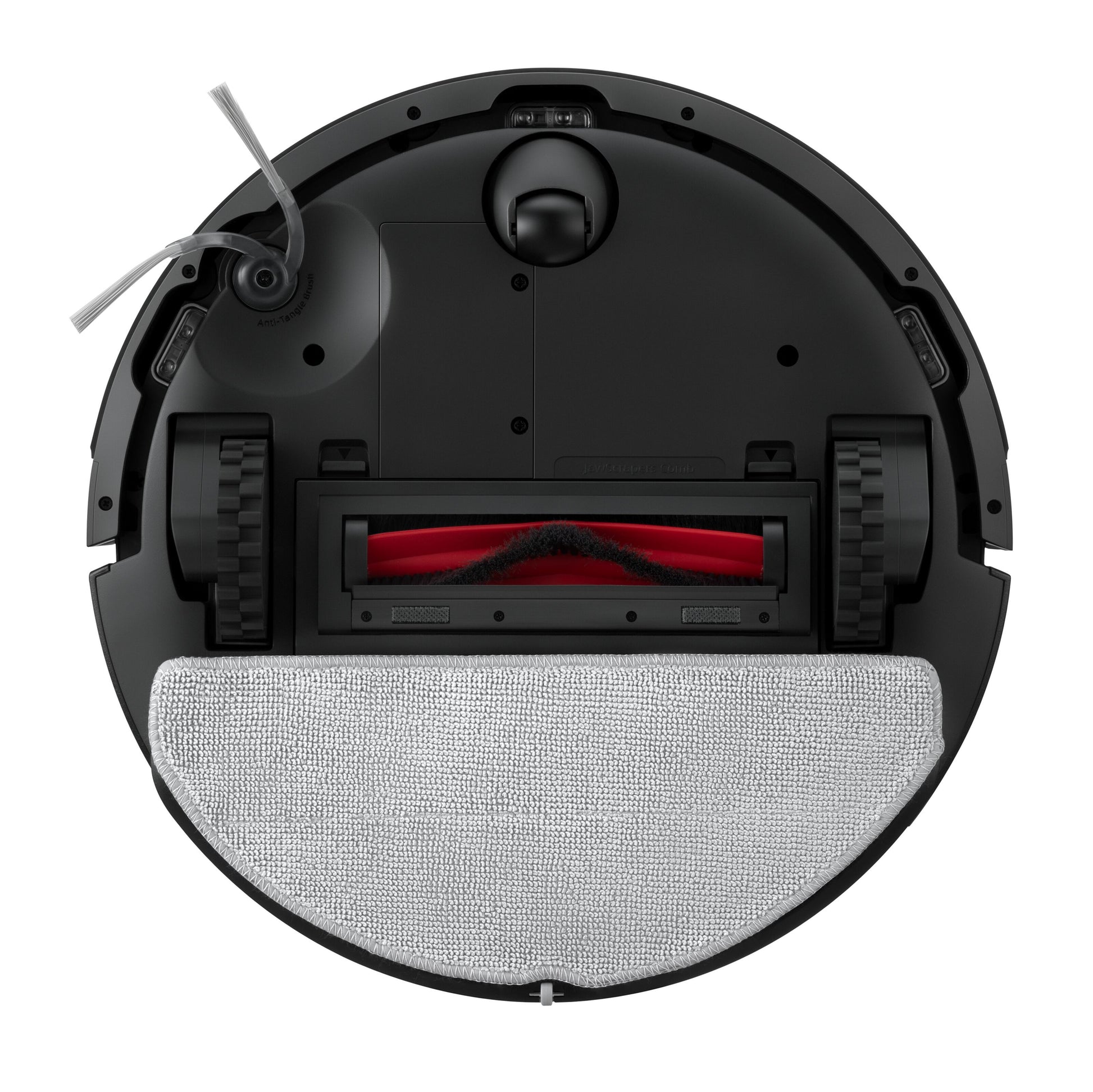 Roborock Q7 TF+ robotstøvsuger underside med to sidebørster, gummihjul, rød børste og aftagelig lys grå moppe.