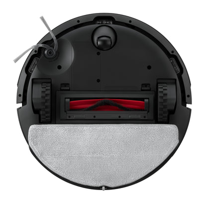Roborock Q7 TF+ robotstøvsuger underside med to sidebørster, gummihjul, rød børste og aftagelig lys grå moppe.