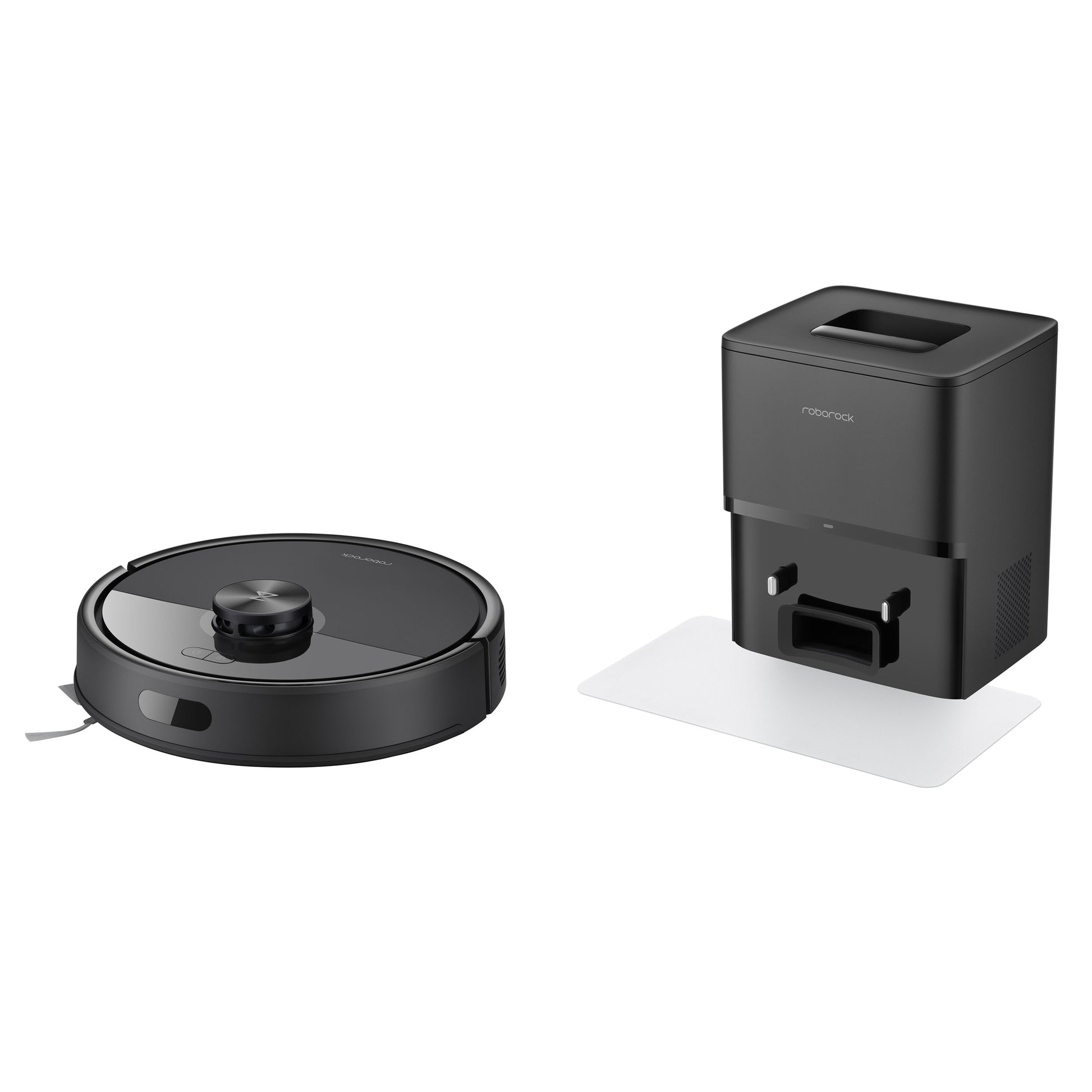 Roborock Q7 TF+ robotstøvsuger sort med rund form og rektangulær selvtømmende ladestation.