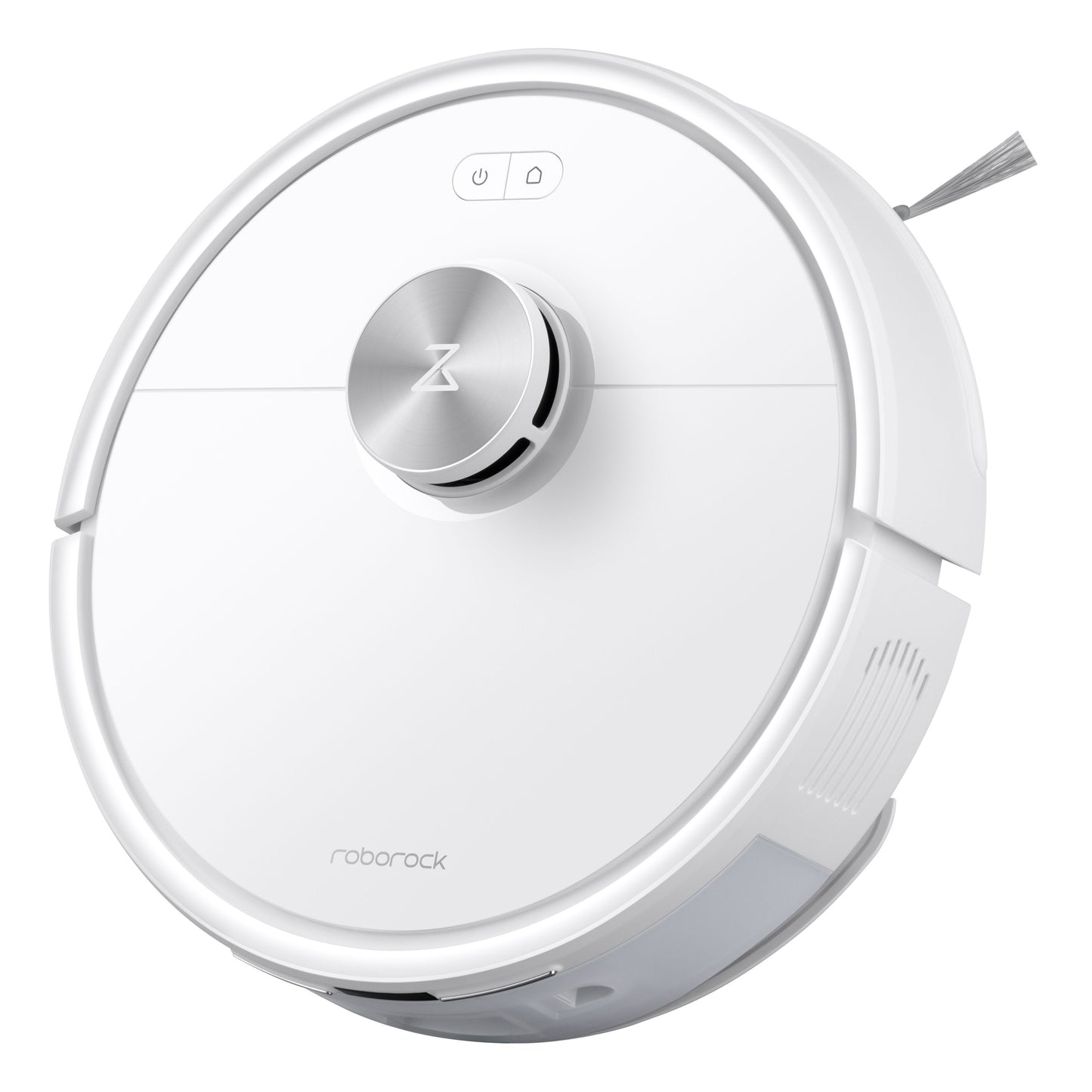Roborock Q7 TF robotstøvsuger hvid, rundt design, topkontrolknapper, 360° LiDAR-navigation, højre sidebørste.
