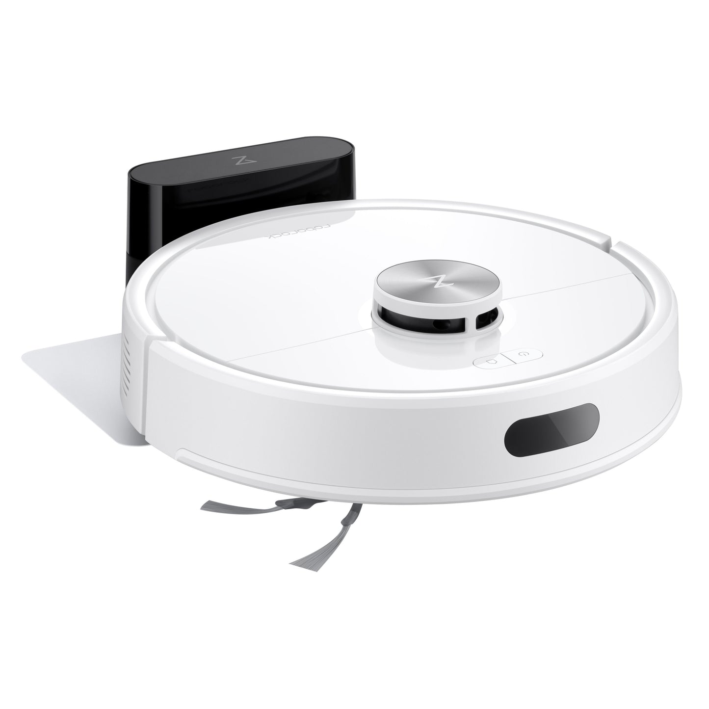Roborock Q7 TF Robotstøvsuger hvid med cirkulært design, hævet sensor og frontpanel ved sort ladestation.