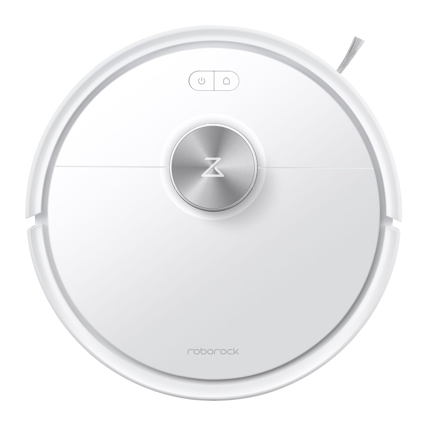 Roborock Q7 TF robotstøvsuger hvid, centralt Z-logo, to knapper, sidebørste og 360° LiDAR navigation set oppefra.
