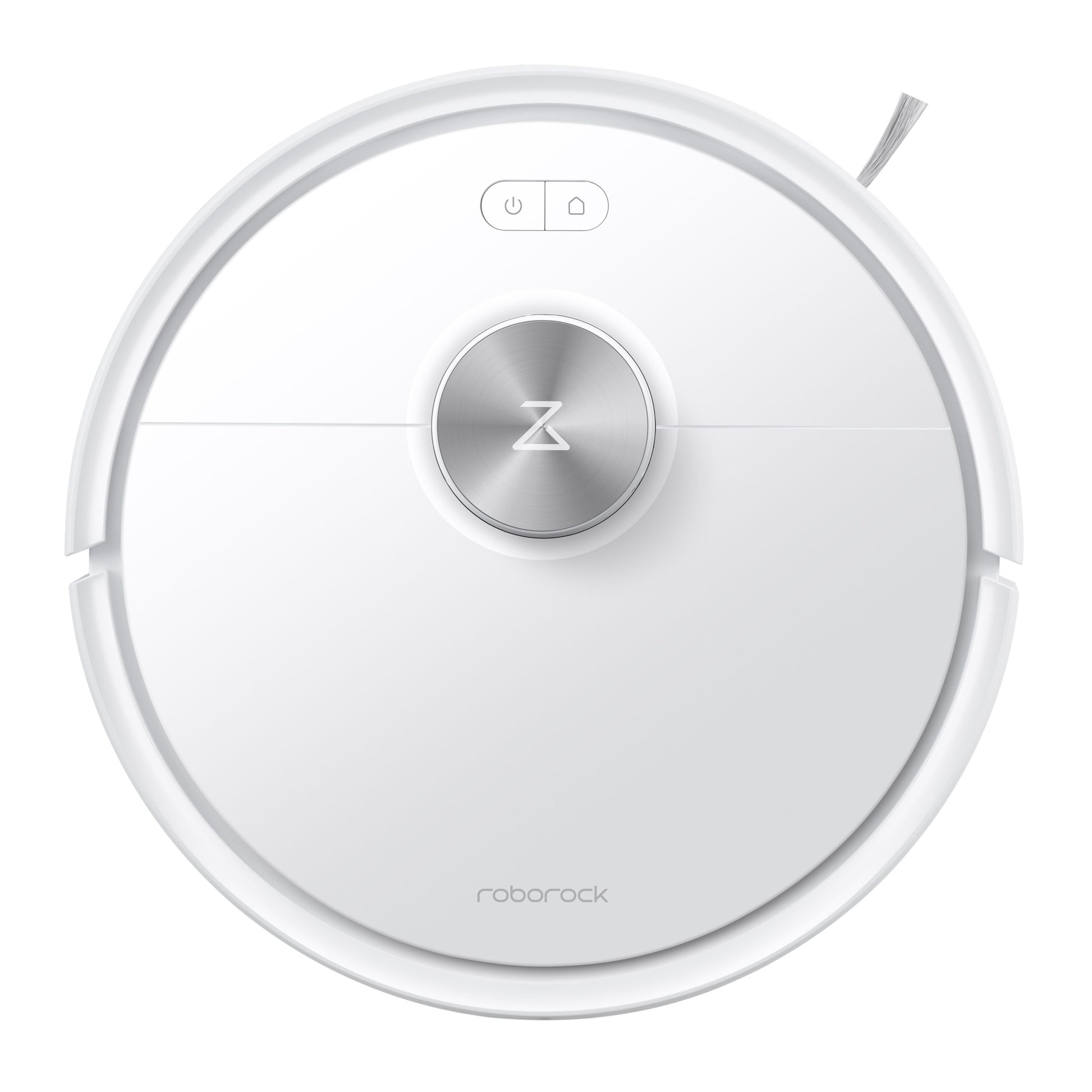 Roborock Q7 TF robotstøvsuger hvid, centralt Z-logo, to knapper, sidebørste og 360° LiDAR navigation set oppefra.