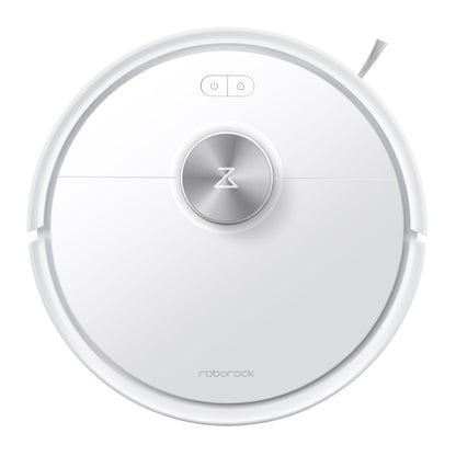 Roborock Q7 TF robotstøvsuger hvid, centralt Z-logo, to knapper, sidebørste og 360° LiDAR navigation set oppefra.