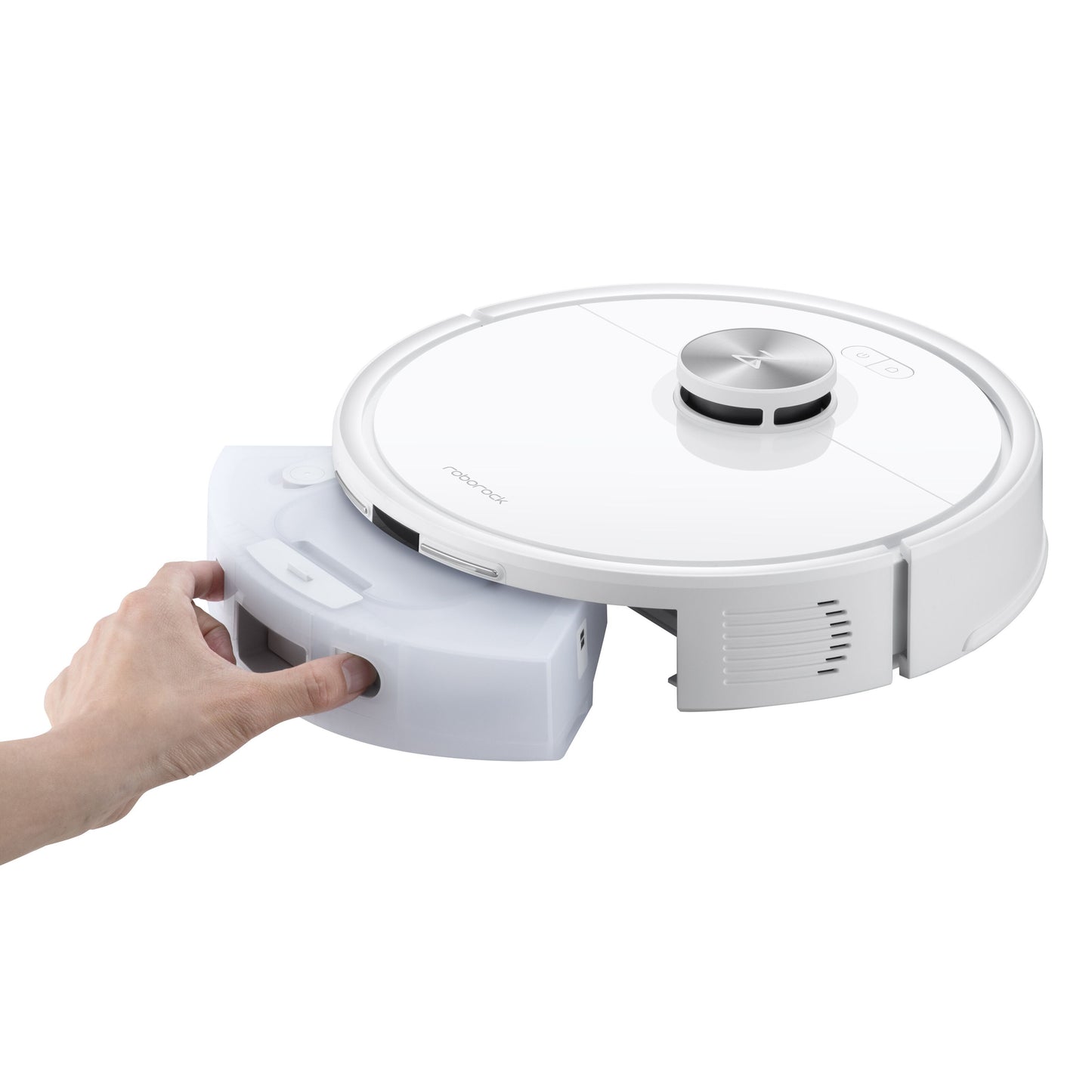 Roborock Q7 TF robotstøvsuger hvid med vandtank og LiDAR 360° navigation ses med en hånd, der fjerner vandtanken.