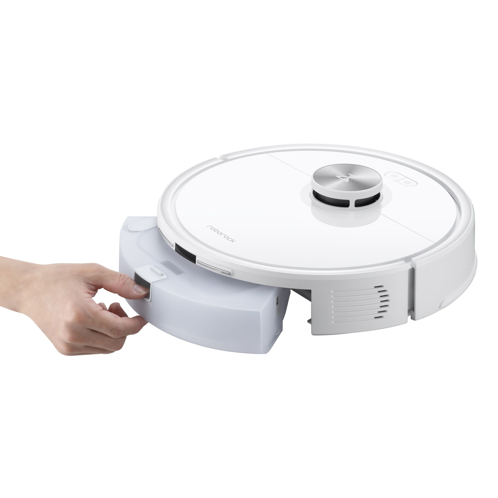Roborock Q7 TF robotstøvsuger hvid, støvbeholder fjernes, 360° LiDAR navigation synlig.
