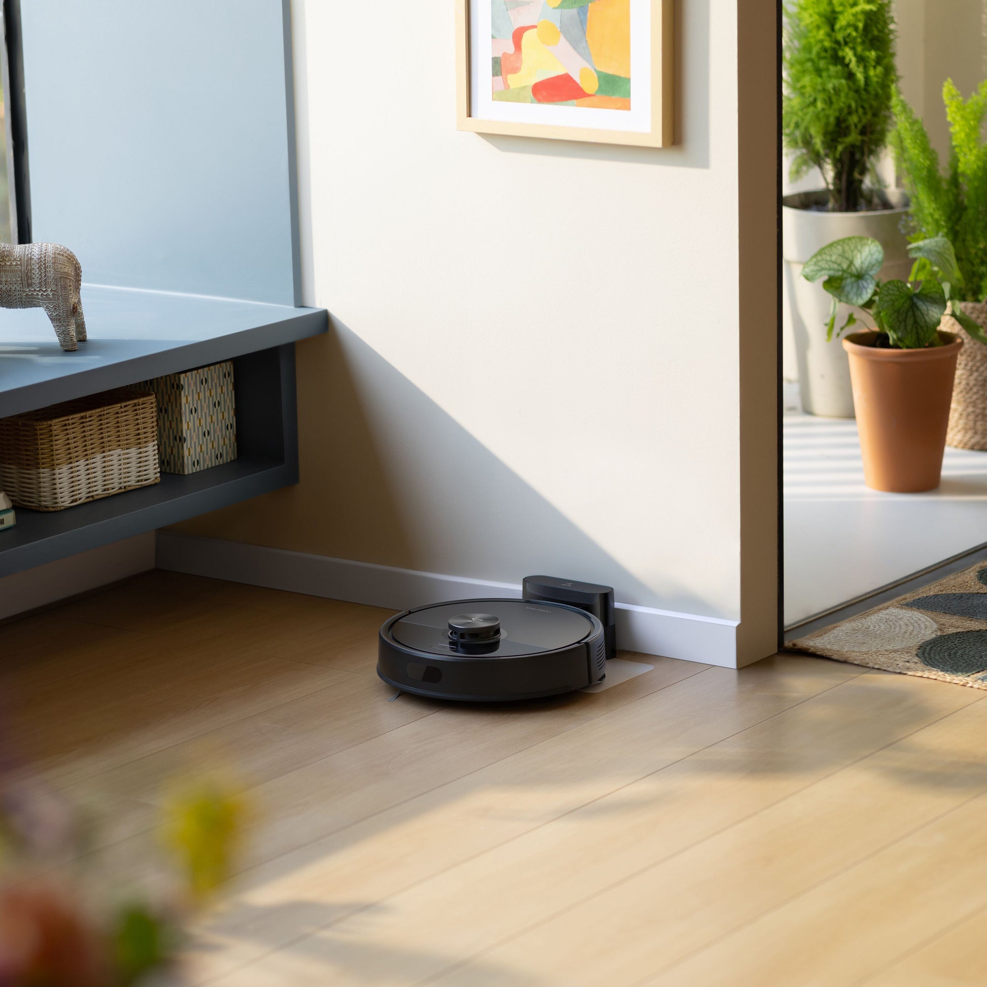 Roborock Q7 TF robotstøvsuger sorterer sine ved ladebase på trægulv med planter og farverig vægkunst i baggrunden.
