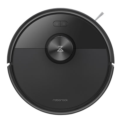 Roborock Q7 TF robotstøvsuger sort, rund med central sensor, LiDAR 360° navigation, to topknapper, Roborock-logo nederst.