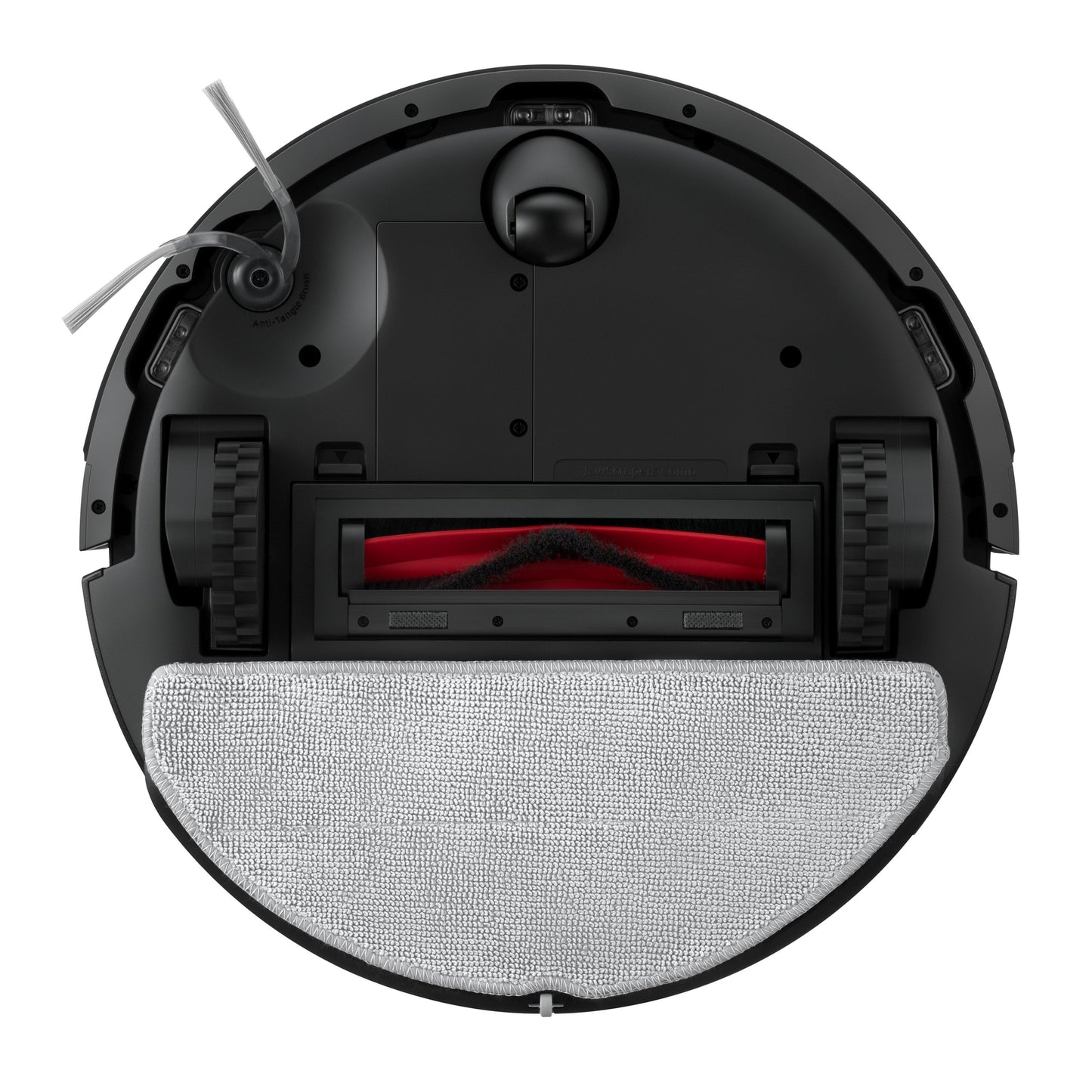 Roborock Q7 TF robotstøvsuger sort set nedefra med LiDAR 360° navigation, hjul, roterende børste og grå vådmoppepad.