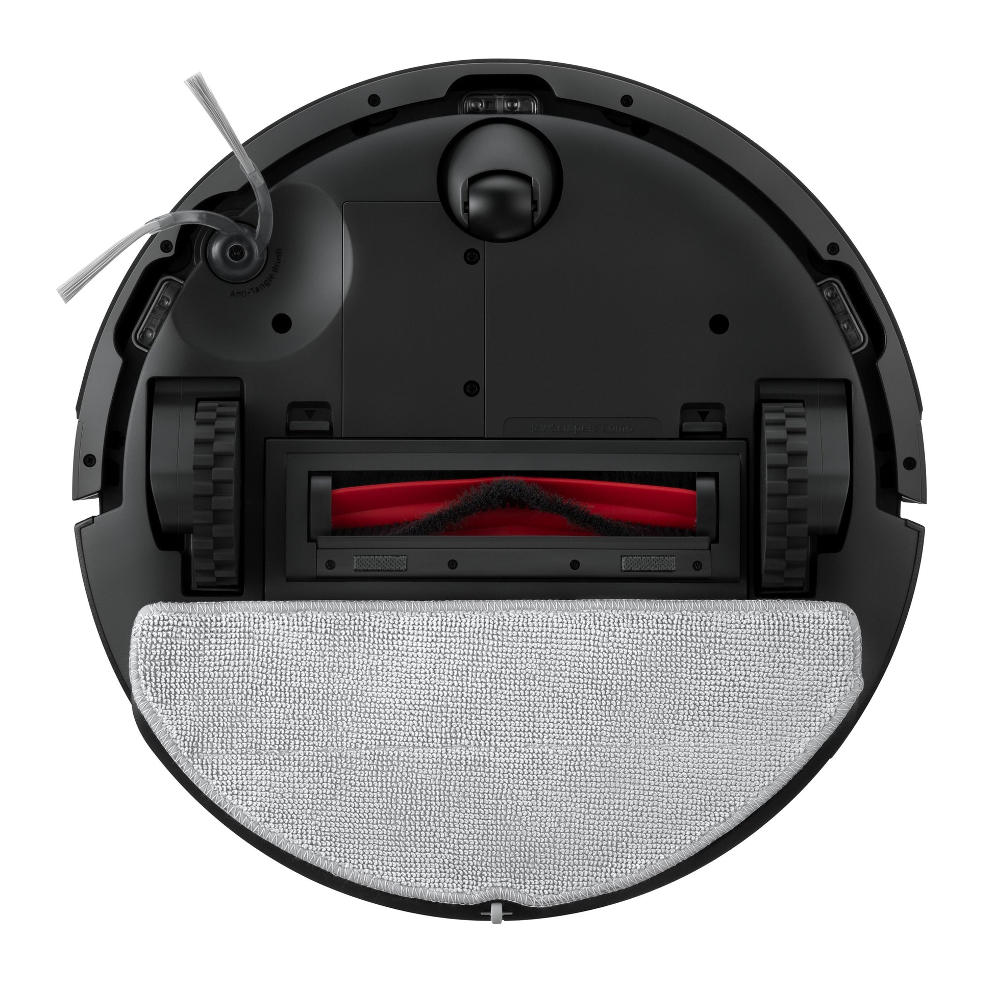 Roborock Q7 TF robotstøvsuger sort set nedefra med LiDAR 360° navigation, hjul, roterende børste og grå vådmoppepad.