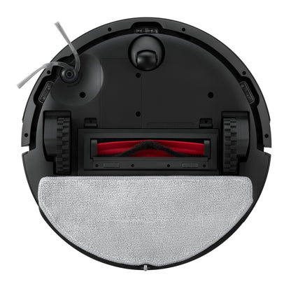 Roborock Q7 TF robotstøvsuger sort set nedefra med LiDAR 360° navigation, hjul, roterende børste og grå vådmoppepad.